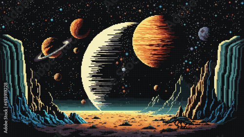 Space landscape of starry galaxy, 8bit pixel game photo