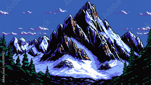 Generative ai snowy mountain landscape, pixel art