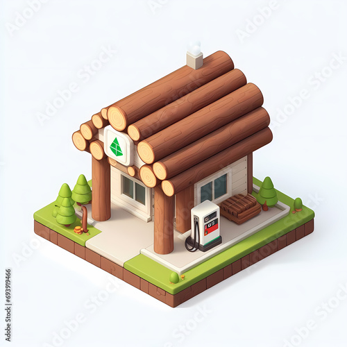 Wooden Gas station Forest Wooden Building 3D Isometric Design for Game and mapping 