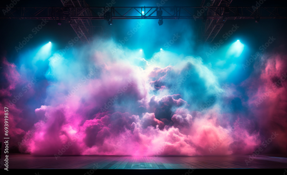 Dynamic concert stage with intense pink and blue fog. Energy and performance concept. Generative AI - obrazy, fototapety, plakaty 