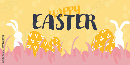 Happy Easter! Beautiful bright background with eggs and bunnies.Cute background,template,Easter wallpaper
