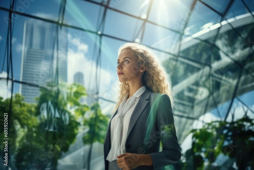 Businesswoman leading a green energy initiative in a corporate setting © furyon
