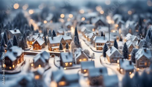 Silvery, Snowy Christmas Town - Tilt-Shift Effect of Miniature Winter Village