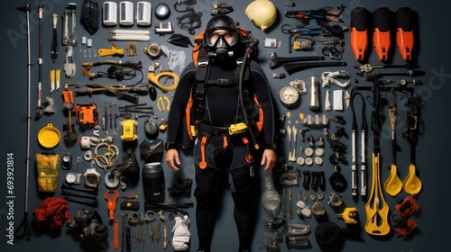 Scuba diving instructor 's Equipment knolling flat lay arrangement. photo