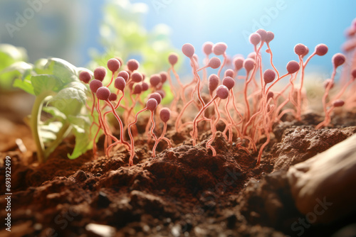 An image of nitrogen-fixing bacteria in the root nodules of leguminous plants, showcasing the symbiosis that enhances soil fertility. Generative Ai.