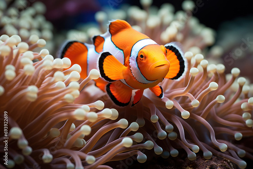 An image of a clownfish nestled among the tentacles of a sea anemone, exemplifying the symbiotic protection and shelter provided by the anemone. Generative Ai.