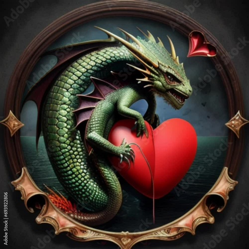 Dragon with Red Heart. Green Dragon in circle. Wallpaper with dragon and hearts. valentines day art with new year symbol