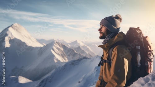 A man standing on top of a snow covered mountain. Perfect for outdoor adventure and winter sports themes