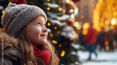 A little girl standing in front of a Christmas tree. Perfect for holiday-themed designs and festive promotions