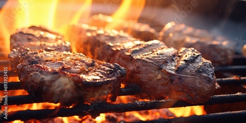 Grilled steaks cooking on a grill with flames in the background. Perfect for food enthusiasts and barbecue lovers.