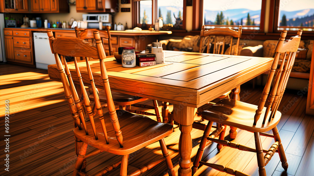 Vintage Dining Room with Wooden Table, Antique Chairs, and Classic China, Family Heritage,