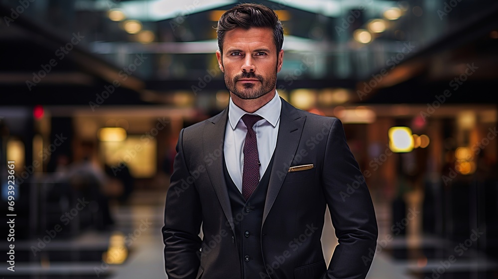 Fototapeta premium Portrait of a smiling business leader in a suit and tie, standing confidently in front of a modern office building