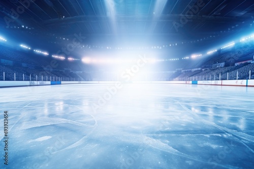 An ice hockey rink illuminated by a bright light. Perfect for sports-related designs and advertising