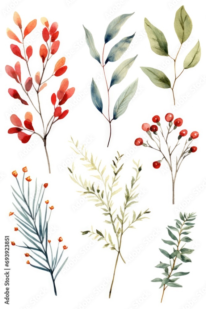 Naklejka premium A collection of delicate watercolor leaves and branches. Perfect for adding a touch of nature and elegance to your designs and projects