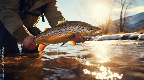 A man is seen holding a brown trout in a river. This image can be used to depict fishing, outdoor activities, or nature exploration