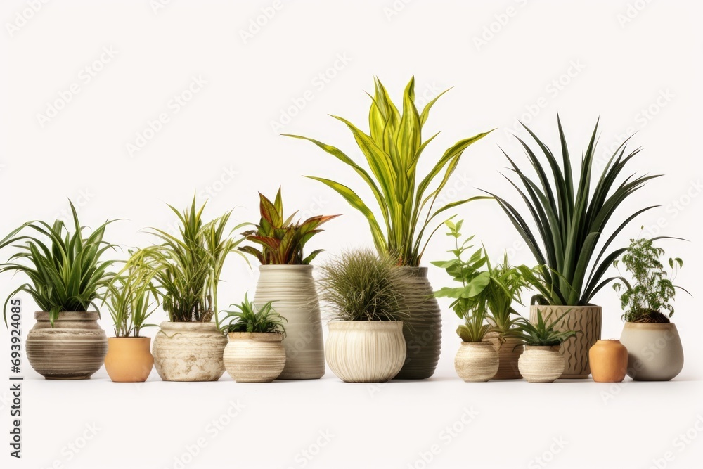 A row of potted plants displayed on a clean white surface. Perfect for interior design, gardening, or home decor projects