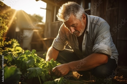 A man is kneeling down in a vegetable garden. This picture can be used to illustrate gardening, sustainable living, and organic farming