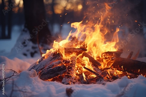 A fire is lit in the snow-covered woods. This image can be used to depict warmth  coziness  or camping in winter