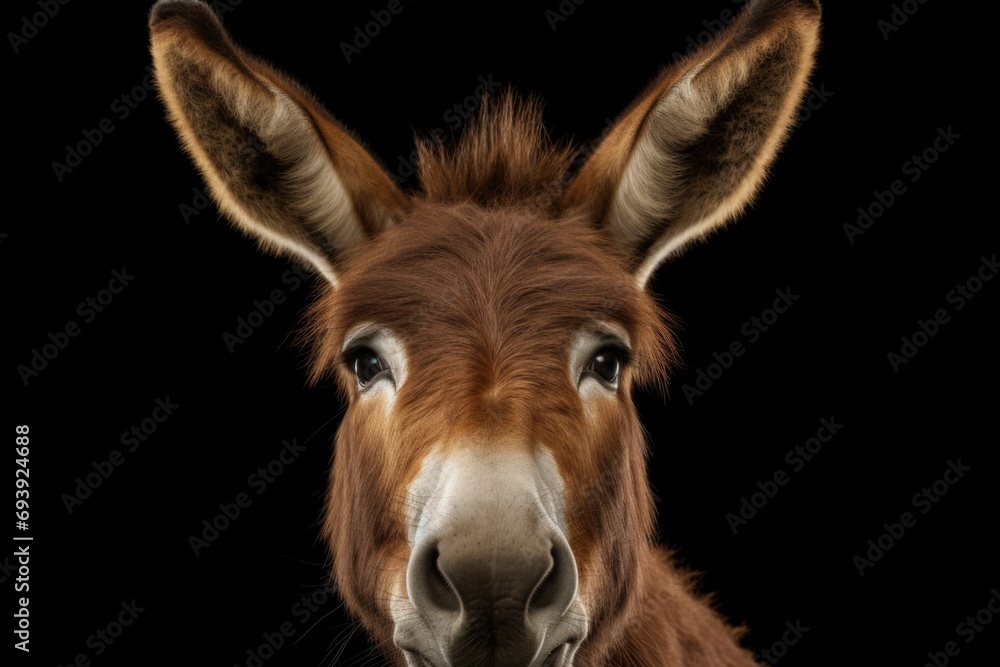 A close-up view of a donkey's face on a black background. Suitable for various applications