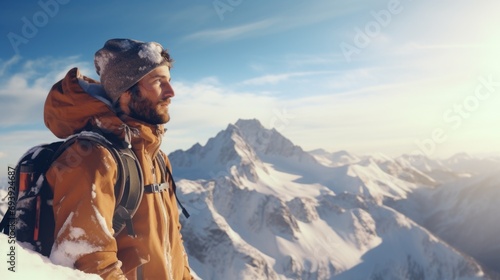 A man standing on top of a snow-covered mountain. Suitable for adventure, nature, and winter-themed projects