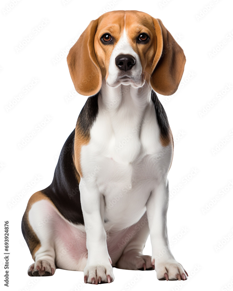 Beagle dog sitting and facing the camera, isolated on white or transparent background