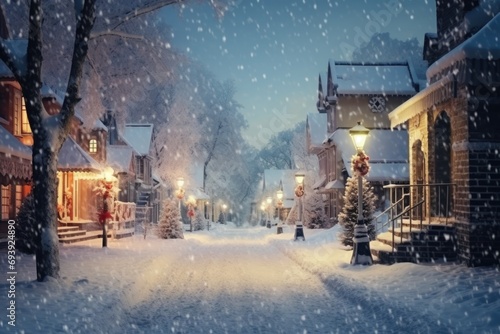 A snowy street in a small town at night. Perfect for winter-themed designs and holiday greetings photo