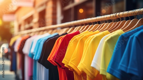 Colorful shirts hanging on a rail. Perfect for fashion or retail concepts