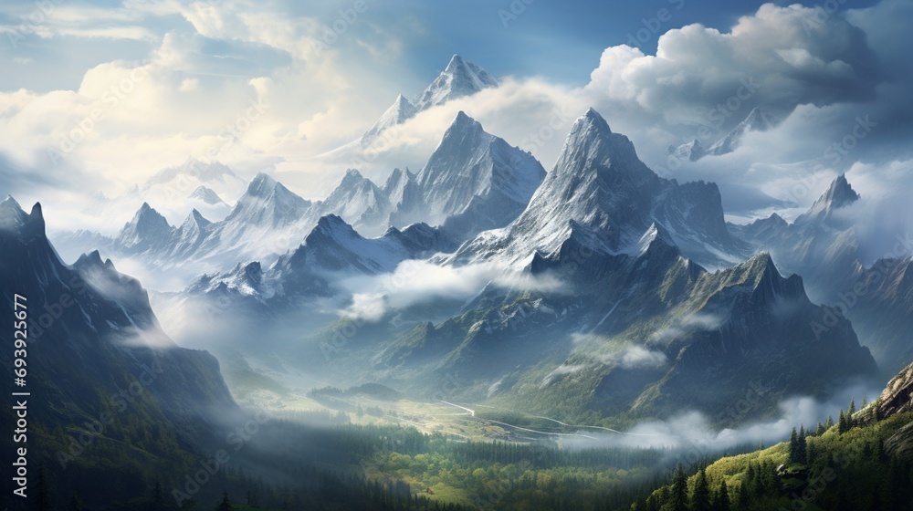 A majestic mountain range cloaked in a blanket of mist, with towering peaks piercing through the clouds, creating an awe-inspiring and mystical vista.