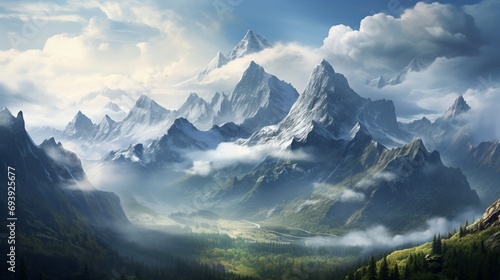 A majestic mountain range cloaked in a blanket of mist  with towering peaks piercing through the clouds  creating an awe-inspiring and mystical vista.