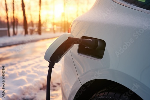 An electric car is connected to a charging station. This image can be used to illustrate eco-friendly transportation and the concept of electric vehicle charging