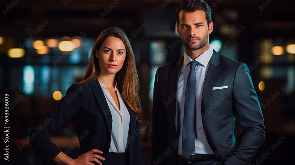 Portrait of two business people in suit standing together in a modern office building