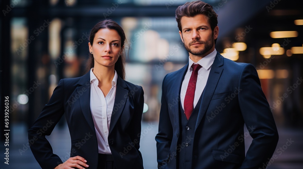 Portrait of two business people in suit standing together in a modern office building Portrait of two business people in suit standing together in a modern office building