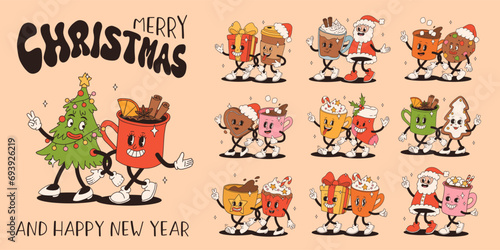 Funny Retro cartoon christmas Character in groovy 50s, 60s, 70s Vintage Style. Happy new year mascot with hot coffee, cocoa, gingerbread, cake, cupcake and cookie. Xmas vintage characters.