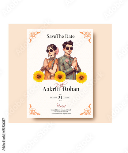 Traditional Royal Wedding Invitation card design with Bride and Groom Welcoming illustration 
