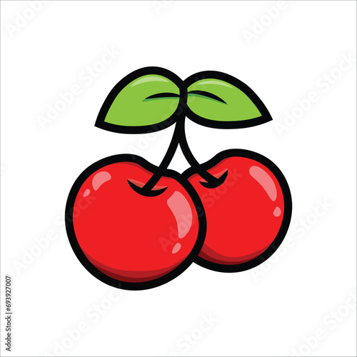 cartoon design of two cherries, stem and leaf; berries; red, black, green