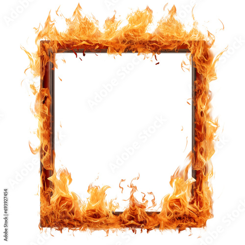 Mockup of a burning frame is cut out on a transparent background. The fire on the frame spreads in different directions. Concept of carelessness with fire and its consequences