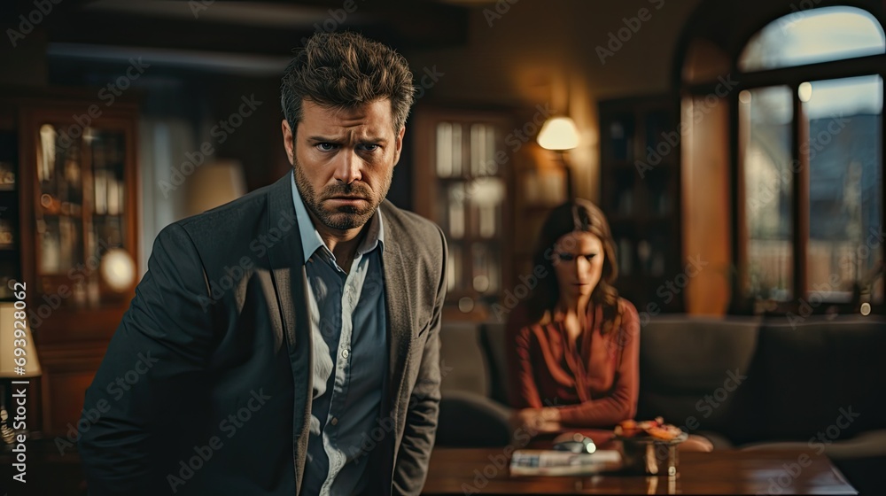 Upset man looking at camera while woman standing behind him in cafe. Cinematic shot. Ai generative Upset man looking at camera while woman standing behind him in cafe. Cinematic shot. Ai generative