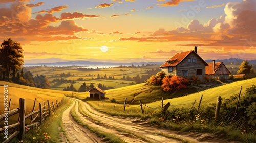 A picturesque countryside bathed in the warm glow of sunset, casting long, inviting shadows.