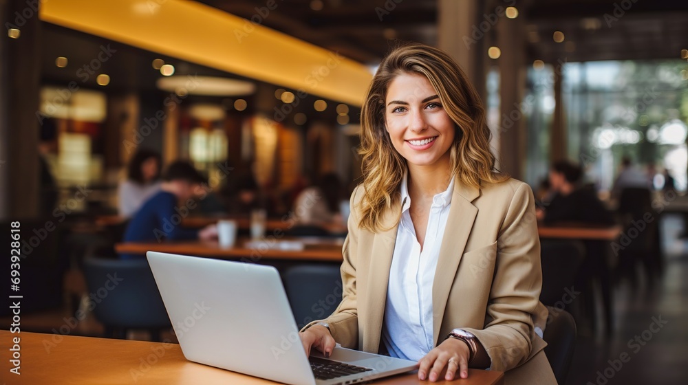 Confident and smiling business woman working on laptop in modern office