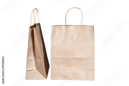Recyclable craft paper bag for purchases, gifts and takeaway food mock up on white background. Environmentally friendly than single-use plastic bags