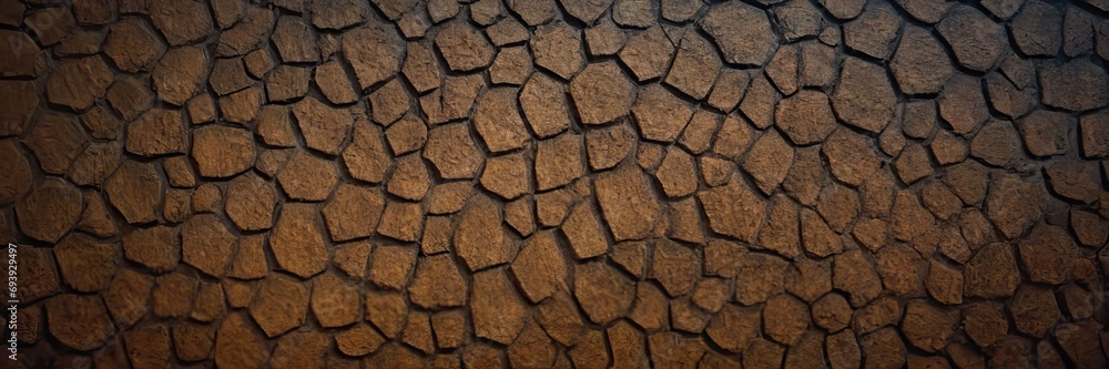 A wall of stone patterns. Brown wall with scale pattern and glints of light. Background. A wall of stone patterns. Brown wall with scale pattern and glints of light. Background.