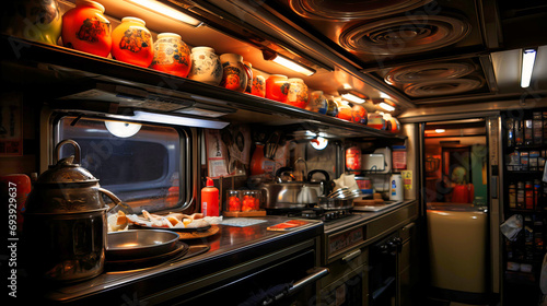 Cozy Vintage Kitchen Interior with Classic Teapot and Decorative Ceramics in Warm Ambient Light