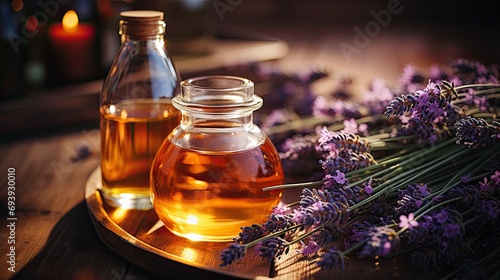 Lavender essential oil in a glass bottle on a wooden table. Ai generative © mariof