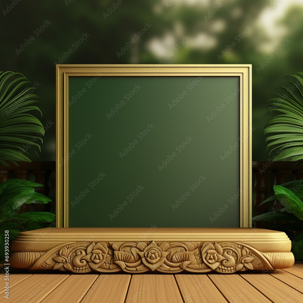 Empty Wood Podium in Green and Gold: Thailand Style Scenery