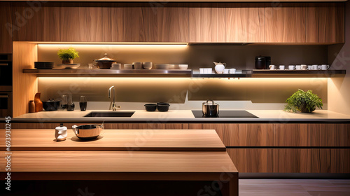 Sleek Modern Kitchen Design with Wooden Finish, Ambient Lighting, and Clean Lines in Contemporary Home © SK