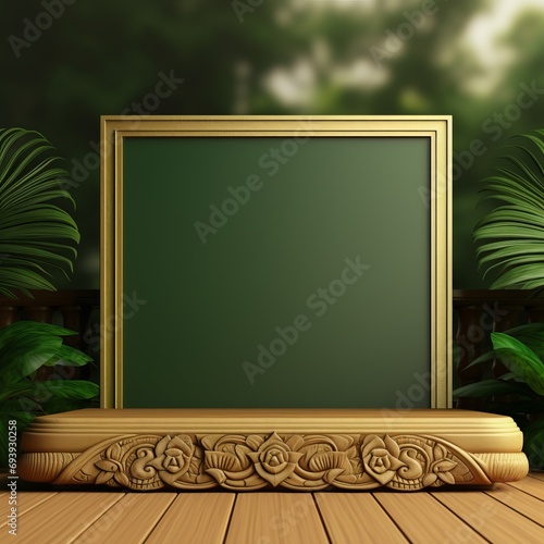 Empty Wood Podium in Green and Gold: Thailand Style Scenery