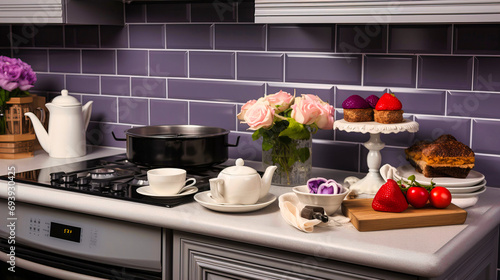 Gourmet Kitchen Still Life with Elegant Tea Set, Fresh Baked Goods, and Vibrant Floral Arrangement