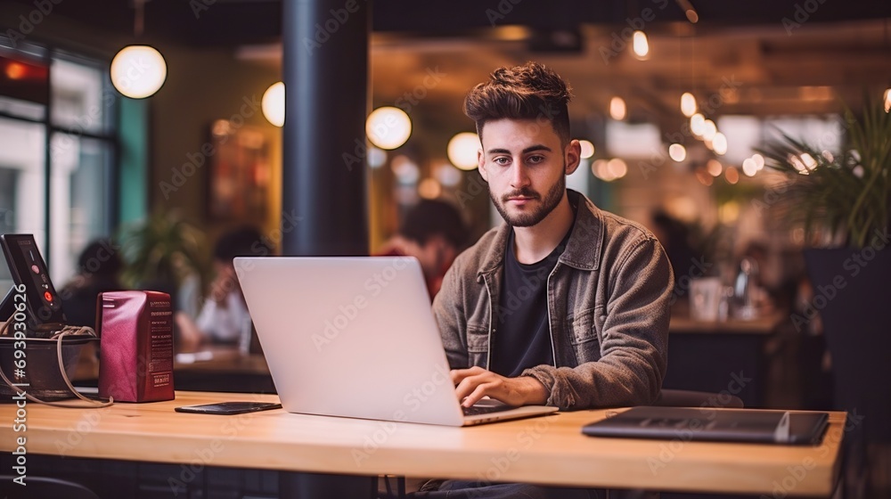 Young male freelancer or student smiling and working on laptop at a cozy cafe table Young male freelancer or student smiling and working on laptop at a cozy cafe table
