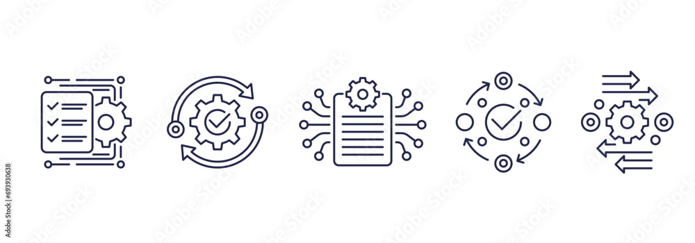 Photography project management, operations line icons