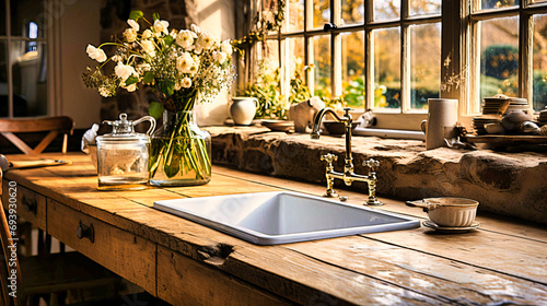 Rustic Kitchen with Farmhouse Sink, Wooden Cabinets, and Vintage Decor, Country Charm,